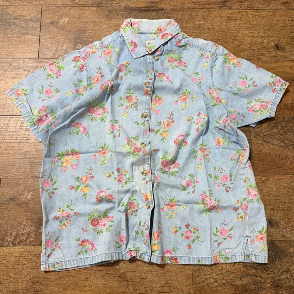 Classic Elements Floral Denim‎ Short Sleeve Button Down Shirt Light Wash XL